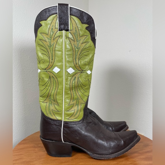 Nocona Cowboy Western Boots Brown Green Mocha Chartreuse Leather Flame 8 1/2B - Picture 4 of 16